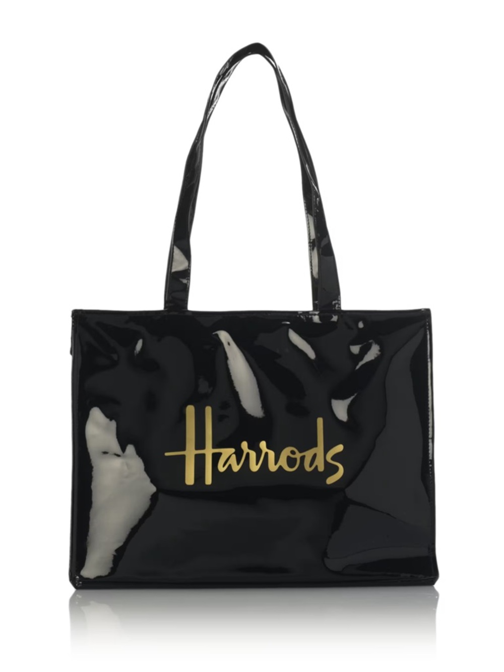 Harrods | Black Patent Tote with Gold Script Logo